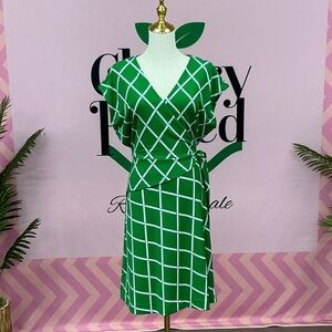 Ann Taylor Green & White Windowpane Wrap Midi Dress
